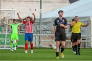 16 July 2021; Clyde O'Connell of Treaty United, second from left, celebrates at the final whistle during the SSE Airtricity League First Division match between Treaty United and UCD at Market's Field in Limerick. Photo by Michael P Ryan/Sportsfile