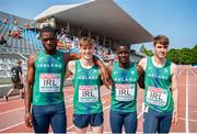 18 July 2021; The Ireland Men's 4x 100 Metre Relay team, from left, Charles Okafor, Cillian Griffin, Israel Olatunde, and Adam Sykes after competing in the Men's 4x 100 Metre Relay heats during day four of the European Athletics U20 Championships at the Kadriorg Stadium in Tallinn, Estonia. Photo by Marko Mumm/Sportsfile