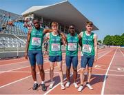 18 July 2021; The Ireland Men's 4x 100 Metre Relay team, from left, Charles Okafor, Cillian Griffin, Israel Olatunde, and Adam Sykes after competing in the Men's 4x 100 Metre Relay heats during day four of the European Athletics U20 Championships at the Kadriorg Stadium in Tallinn, Estonia. Photo by Marko Mumm/Sportsfile