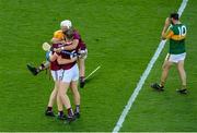17 July 2021; Westmeath players, from left, Niall Mitchell, Tommy Gallagher and Tommy Boyle, 6, celebrate following the Joe McDonagh Cup Final match between Westmeath and Kerry at Croke Park in Dublin. Photo by Stephen McCarthy/Sportsfile