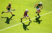 17 July 2021; Joey Boyle of Westmeath in action against Conor O'Keeffe, left, and Fionan Mackessy of Kerry during the Joe McDonagh Cup Final match between Westmeath and Kerry at Croke Park in Dublin. Photo by Stephen McCarthy/Sportsfile