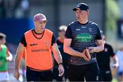 17 July 2021; Armagh manager Kieran McGeeney, left, and Kieran Donaghy during the Ulster GAA Football Senior Championship Semi-Final match between Armagh and Monaghan at Páirc Esler in Newry, Down. Photo by Ramsey Cardy/Sportsfile