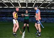 17 July 2021; Referee James Owens with Kilkenny captain Adrian Mullen and Dublin captain Danny Sutcliffe during the Leinster GAA Senior Hurling Championship Final match between Dublin and Kilkenny at Croke Park in Dublin. Photo by Eóin Noonan/Sportsfile