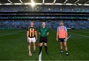 17 July 2021; Referee James Owens with Kilkenny captain Adrian Mullen and Dublin captain Danny Sutcliffe during the Leinster GAA Senior Hurling Championship Final match between Dublin and Kilkenny at Croke Park in Dublin. Photo by Eóin Noonan/Sportsfile