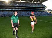 17 July 2021; Referee James Owens with Kilkenny captain Adrian Mullen before the Leinster GAA Senior Hurling Championship Final match between Dublin and Kilkenny at Croke Park in Dublin. Photo by Eóin Noonan/Sportsfile