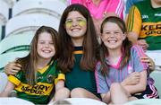 18 July 2021; Sisters, from left, Saorlaith, age 9, Labhraidh, age 15, and Lainey Costello, age 11, from Tralee at the 2020 Electric Ireland GAA Football All-Ireland Minor Championship Final match between Derry and Kerry at Bord Na Mona O’Connor Park in Tullamore. Photo by Matt Browne/Sportsfile