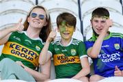 18 July 2021; Kerry supporters, from left, Marianna Costello, Jack Costello and Michael Enright from Tralee at the 2020 Electric Ireland GAA Football All-Ireland Minor Championship Final match between Derry and Kerry at Bord Na Mona O’Connor Park in Tullamore. Photo by Matt Browne/Sportsfile