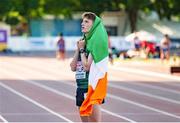 17 July 2021; Cian McPhillips of Ireland after winning gold in the final of the men's 1500 metres during day three of the European Athletics U20 Championships at the Kadriorg Stadium in Tallinn, Estonia. Photo by Marko Mumm/Sportsfile