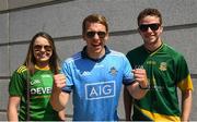 18 July 2021; Dublin supporter Ciaran Burke with Meath supporters Aisling and Rory Gibney before the Leinster GAA Senior Football Championship Semi-Final match between Dublin and Meath at Croke Park in Dublin. Photo by Harry Murphy/Sportsfile