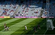 18 July 2021; John Heslin of Westmeath has a shot at goal as supporters look on during the Leinster GAA Senior Football Championship Semi-Final match between Kildare and Westmeath at Croke Park in Dublin. Photo by Harry Murphy/Sportsfile