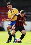 18 July 2021; Jamie Mullins of Bohemians in action against Rob Manley of Longford Town during the SSE Airtricity League Premier Division match between Bohemians and Longford Town at Dalymount Park in Dublin. Photo by Michael P Ryan/Sportsfile