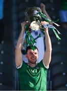 18 July 2021; Limerick captain Declan Hannon lifts the Munster Senior Hurling Championship Cup after the Munster GAA Hurling Senior Championship Final match between Limerick and Tipperary at Páirc Uí Chaoimh in Cork. Photo by Piaras Ó Mídheach/Sportsfile