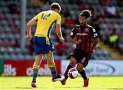 18 July 2021; Bastien Héry of Bohemians in action against Aaron O'Driscoll of Longford Town during the SSE Airtricity League Premier Division match between Bohemians and Longford Town at Dalymount Park in Dublin. Photo by Michael P Ryan/Sportsfile