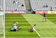 18 July 2021; Jimmy Hyland of Kildare scores his side's second goal despite the efforts of Westmeath goalkeeper Jason Daly during the Leinster GAA Senior Football Championship Semi-Final match between Kildare and Westmeath at Croke Park in Dublin. Photo by Eóin Noonan/Sportsfile