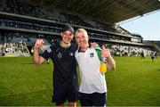 18 July 2021; Coach Paul Kinnerk and Limerick manager John Kiely  celebrate after the Munster GAA Hurling Senior Championship Final match between Limerick and Tipperary at Páirc Uí Chaoimh in Cork. Photo by Ray McManus/Sportsfile