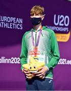 18 July 2021; Gold medalist Nicholas Griggs of Ireland with his medal during the victory ceremony for the men's 3000m during day four of the European Athletics U20 Championships at the Kadriorg Stadium in Tallinn, Estonia. Photo by Marko Mumm/Sportsfile