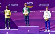 18 July 2021; Medalists, from left, Yassin Mohumed of Germany, silver, Nicholas Griggs of Ireland, gold, and Alex Melloy of Great Britian, bronze, during the victory ceremony for the men's 3000m during day four of the European Athletics U20 Championships at the Kadriorg Stadium in Tallinn, Estonia. Photo by Marko Mumm/Sportsfile