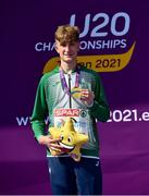 18 July 2021; Gold medalist Nicholas Griggs of Ireland with his medal during the victory ceremony for the men's 3000m during day four of the European Athletics U20 Championships at the Kadriorg Stadium in Tallinn, Estonia. Photo by Marko Mumm/Sportsfile