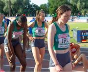 18 July 2021; Team Ireland 4 x 400 metres relay team, from left, Caoimhe Cronin, Rhasidat Adeleke, Lauren McCourt and Maeve O'Neill of Ireland dejected after finishing fifth in the final of the 4 x 400 metres relay during day four of the European Athletics U20 Championships at the Kadriorg Stadium in Tallinn, Estonia. Photo by Marko Mumm/Sportsfile