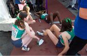 18 July 2021; Team Ireland 4 x 400 metres relay team, from left, Maeve O'Neill, Caoimhe Cronin, Rhasidat Adeleke, and Lauren McCourt of Ireland dejected after finishing fifth in the final of the 4 x 400 metres relay during day four of the European Athletics U20 Championships at the Kadriorg Stadium in Tallinn, Estonia. Photo by Marko Mumm/Sportsfile
