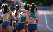 18 July 2021; Lauren McCourt, left, and Caoimhe Cronin of Ireland embrace as they watch their team-mates compete in women's 4x400m Relay final during day four of the European Athletics U20 Championships at the Kadriorg Stadium in Tallinn, Estonia. Photo by Marko Mumm/Sportsfile