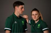 29 June 2021; Brother and sister Aidan, left, and Michaela Walsh during a Tokyo 2020 Team Ireland Announcement for Boxing in the Sport Ireland Institute at the Sport Ireland Campus in Dublin.  Photo by Brendan Moran/Sportsfile