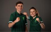 29 June 2021; Brother and sister Aidan, left, and Michaela Walsh during a Tokyo 2020 Team Ireland Announcement for Boxing in the Sport Ireland Institute at the Sport Ireland Campus in Dublin.  Photo by Brendan Moran/Sportsfile