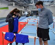 22 June 2021; Michaela Walsh and Aidan Walsh check out the boxing kit during a Tokyo 2020 Team Ireland Announcement for Boxing in the Sport Ireland Institute at the Sport Ireland Campus in Dublin.  Photo by Brendan Moran/Sportsfile