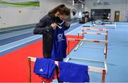 22 June 2021; Michaela Walsh checks out the boxing kit during a Tokyo 2020 Team Ireland Announcement for Boxing in the Sport Ireland Institute at the Sport Ireland Campus in Dublin.  Photo by Brendan Moran/Sportsfile