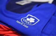 22 June 2021; The Tokyo2020 logo is seen on the boxing kit during a Tokyo 2020 Team Ireland Announcement for Boxing in the Sport Ireland Institute at the Sport Ireland Campus in Dublin.  Photo by Brendan Moran/Sportsfile