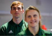 22 June 2021; Brother and sister Aidan Walsh, left and Michaela Walsh during a Tokyo 2020 Team Ireland Announcement for Boxing in the Sport Ireland Institute at the Sport Ireland Campus in Dublin.  Photo by Brendan Moran/Sportsfile