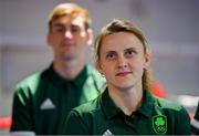 22 June 2021; Sister and brother Michaela Walsh, right, and Aidan Walsh during a Tokyo 2020 Team Ireland Announcement for Boxing in the Sport Ireland Institute at the Sport Ireland Campus in Dublin.  Photo by Brendan Moran/Sportsfile