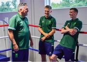 22 June 2021; Kurt Walker, centre, and Brendan Irvine with coach John Conlan during a Tokyo 2020 Team Ireland Announcement for Boxing in the Sport Ireland Institute at the Sport Ireland Campus in Dublin.  Photo by Brendan Moran/Sportsfile