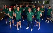 29 June 2021; High performance director Bernard Dunne, centre, with, from left to right, Aidan Walsh, Michaela Walsh, coach Dmitry Dmitruk, Aoife O'Rourke, Emmet Brennan, coach John Conlan, Kurt Walker, Kellie Harrington, coach Zaur Antia and Brendan Irvine during a Tokyo 2020 Team Ireland Announcement for Boxing in the Sport Ireland Institute at the Sport Ireland Campus in Dublin. Photo by Ramsey Cardy/Sportsfile