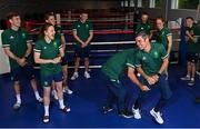 22 June 2021; High-performance director Bernard Dunne with boxers, from left, Aidan Walsh, Michaela Walsh, Aoife O'Rourke, Emmet Brennan, Kurt Walker, Kellie Harrington and Brendan Irvine during a Tokyo 2020 Team Ireland Announcement for Boxing in the Sport Ireland Institute at the Sport Ireland Campus in Dublin. Photo by Ramsey Cardy/Sportsfile