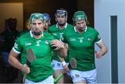 18 July 2021; Limerick players, from left, Seán Finn, Diarmaid Byrnes, and William O'Donoghue make their way to the pitch before the Munster GAA Hurling Senior Championship Final match between Limerick and Tipperary at Páirc Uí Chaoimh in Cork. Photo by Piaras Ó Mídheach/Sportsfile