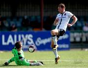 17 July 2021; Mark McGinley of Finn Harps makes a save from David McMillan of Dundalk during the SSE Airtricity League Premier Division match between Dundalk and Finn Harps at Oriel Park in Dundalk, Louth. Photo by Michael P Ryan/Sportsfile