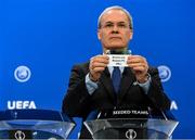 19 July 2021; UEFA Deputy General Secretary Giorgio Marchetti draws out the card of Shamrock Rovers FC during the UEFA Europa Conference League 2021/22 Third Qualifying Round Draw at the UEFA headquarters in Nyon, Switzerland. Photo by Richard Juilliart / UEFA via Sportsfile