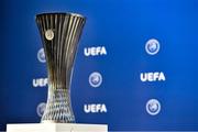 19 July 2021; A view of the UEFA Europa Conference League trophy during the UEFA Europa Conference League 2021/22 Third Qualifying Round Draw at the UEFA headquarters in Nyon, Switzerland. Photo by Richard Juilliart / UEFA via Sportsfile