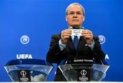 19 July 2021; UEFA Deputy General Secretary Giorgio Marchetti draws out the card of Shamrock Rovers FC during the UEFA Europa Conference League 2021/22 Third Qualifying Round Draw at the UEFA headquarters in Nyon, Switzerland. Photo by Richard Juilliart / UEFA via Sportsfile