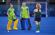 19 July 2021; Ireland goalkeepers Ayeisha McFerran, left, and Liz Murphy pose for a photograh for their team-mate Michelle Carey after a friendly match between Ireland and Argentina at the Oi Hockey Stadium ahead of the start of the 2020 Tokyo Summer Olympic Games in Tokyo, Japan. Photo by Brendan Moran/Sportsfile