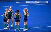 19 July 2021; Ireland players, from left, Nicci Daly, Sarah Torrans, Anna O'Flanagan and Michelle Carey during a friendly match between Ireland and Argentina at the Oi Hockey Stadium ahead of the start of the 2020 Tokyo Summer Olympic Games in Tokyo, Japan. Photo by Brendan Moran/Sportsfile