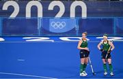 19 July 2021; Sarah Hawkshaw, left, and Naomi Carroll of Ireland during a friendly match between Ireland and Argentina at the Oi Hockey Stadium ahead of the start of the 2020 Tokyo Summer Olympic Games in Tokyo, Japan. Photo by Brendan Moran/Sportsfile