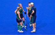 19 July 2021; Ireland assistant coach Mick McKinnon speaks to players, Nicci Daly, Sarah Hawkshaw and Anna O'Flanagan during a friendly match between Ireland and Argentina at the Oi Hockey Stadium ahead of the start of the 2020 Tokyo Summer Olympic Games in Tokyo, Japan. Photo by Brendan Moran/Sportsfile