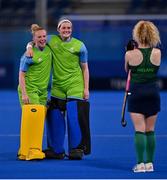 19 July 2021; Ireland goalkeepers Ayeisha McFerran, left, and Liz Murphy pose for a photo for team-mate Michelle Carey after a friendly match between Ireland and Argentina at the Oi Hockey Stadium ahead of the start of the 2020 Tokyo Summer Olympic Games in Tokyo, Japan. Photo by Brendan Moran/Sportsfile