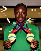 19 July 2021; Rhasidat Adeleke of Ireland pictured with her Women's 100m and 200m gold medals at Dublin Airport as Team Ireland return home from the European U20 Athletics Championships. Photo by Sam Barnes/Sportsfile