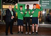 19 July 2021; Athletics Ireland president John Cronin with team Ireland members, from left, Nicholas Griggs, Rhasidat Adeleke and Cian McPhillips and their medals at Dublin Airport as Team Ireland return home from the European U20 Athletics Championships. Photo by Sam Barnes/Sportsfile