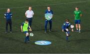 20 July 2021; Pictured, from left, Football For All Chairman Bryan McCarthy, Matthew McCarthy, aged 14, from Carrigdine, Cork South Central TD Michael McGrath, Republic of Ireland Under-21 Manager Jim Crawford, David Wall, aged 15, from Wilton, and FAI Football For All Development Officer for Munster Nick Harrison during Football For All INTERsport Elverys Summer Soccer School at Carrigaline United AFC, Carrigaline in Cork. Photo by Harry Murphy/Sportsfile