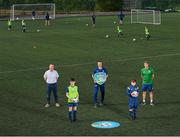 20 July 2021; Pictured, from left, Football For All Chairman Bryan McCarthy, Matthew McCarthy, aged 14, from Carrigdine, Cork South Central TD Michael McGrath, Republic of Ireland Under-21 Manager Jim Crawford, David Wall, aged 15, from Wilton, and FAI Football For All Development Officer for Munster Nick Harrison during Football For All INTERsport Elverys Summer Soccer School at Carrigaline United AFC, Carrigaline in Cork. Photo by Harry Murphy/Sportsfile