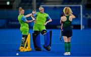 19 July 2021; Ireland goalkeepers Ayeisha McFerran, left, and Liz Murphy pose for a photo for team-mate Michelle Carey after a friendly match between Ireland and Argentina at the Oi Hockey Stadium ahead of the start of the 2020 Tokyo Summer Olympic Games in Tokyo, Japan. Photo by Brendan Moran/Sportsfile